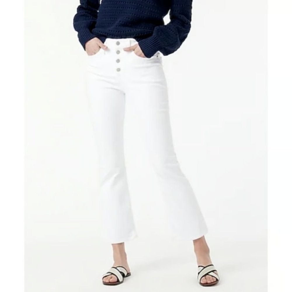 J Crew- Petite 9" demi-boot crop jean in white with button fly